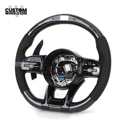 Mercedes Custom AMG Flat Bottom Steering Wheel – Perforated Leather & Gloss Carbon Fibre, LED Display, Red Stitching, Piano Black Trim, Carbon Paddles, Touch Control Buttons | Fits C-Class, E-Class, GLC, GLE, CLS, G-Class + more | Plug & Play | Retrofit U