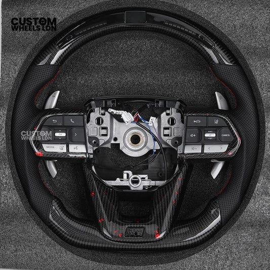 Toyota Custom LED Carbon Steering Wheel – Red Stitch, Perforated Grips, Flat Bottom | Built-In Rev Counter Display | Fits GR Yaris, GR Supra, Camry, Corolla + more | Plug & Play | Full Carbon Retrofit Upgrade