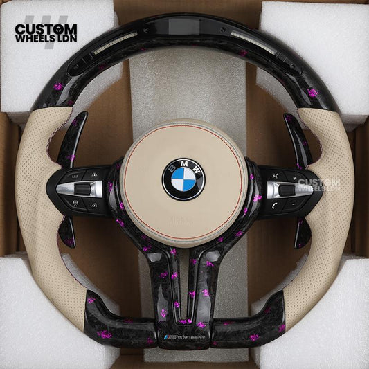 BMW Custom Purple Forged Carbon LED Steering Wheel | Cream Leather Grip | M Performance Style | Plug & Play | Fits F20 F22 F30 F32 F36 F80 F87 E90 E92 E93 + more