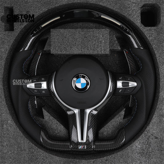 BMW Custom LED Steering Wheel – Carbon Fibre with M-Stitching, Perforated Leather, Flat Bottom | Fits 1/2/3/4 Series, X1, X2 + more | Fits older models