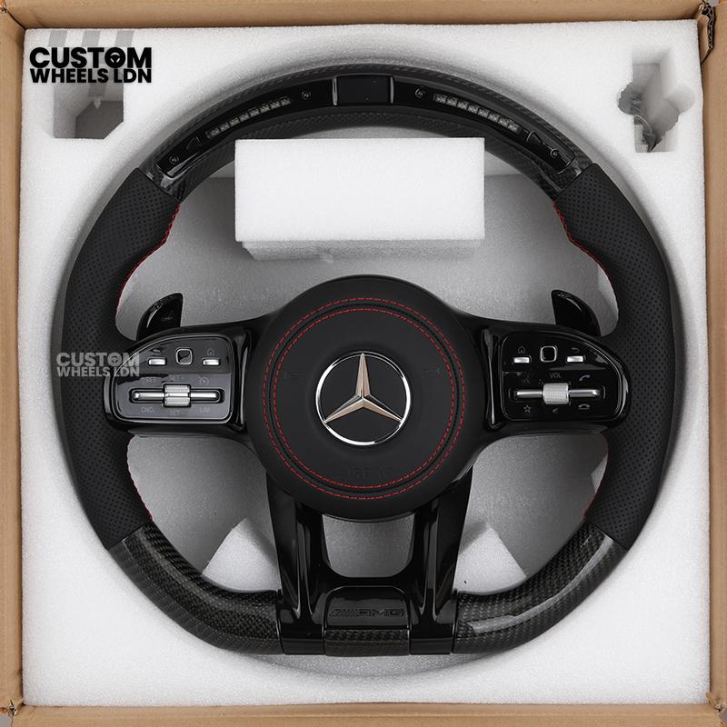 Mercedes Custom AMG Flat Bottom Steering Wheel – Perforated Leather & Gloss Carbon Fibre, LED Display, Red Stitching, Piano Black Trim, Touch Control Buttons, AMG Badge | Fits C-Class, E-Class, CLS, GLC, GLE, G-Class + more | Plug & Play | Retrofit Upgrad