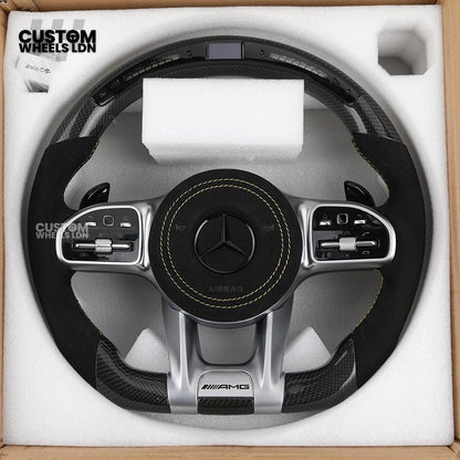 Mercedes Custom AMG Flat Bottom Steering Wheel – Alcantara & Carbon Fibre, Yellow Stitching, LED Display, Silver Trim, Touch Control Buttons, AMG Badge | Fits C-Class, E-Class, CLS, GLC, GLE, G-Class + more | Plug & Play | Retrofit Upgrade for Older Model
