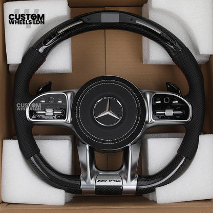 Mercedes Custom AMG Flat Bottom Steering Wheel – Perforated Leather & Carbon Fibre, LED Display, White Stitching, Brushed Silver Trim, Touch Control Buttons, AMG Badge | Fits C-Class, E-Class, CLS, GLC, GLE, G-Class + more | Plug & Play | Retrofit Upgrade