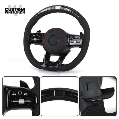 Mercedes Custom AMG LED Steering Wheel – Black AMG Trim, Red Stitching, Black Controls, Flat Bottom, Perforated Leather | AMG Badge | Plug & Play | Complete Wheel with Airbag | Retrofit Upgrade for Older Models Available | Fits W205, W213, GLC, CLS + More