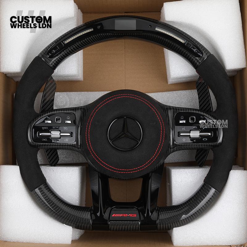 Mercedes Custom AMG Flat Bottom Steering Wheel – Alcantara & Carbon Fibre, Red Stitching, LED Display, Black Trim, Touch Buttons, AMG Badge | Fits C-Class, E-Class, CLS, GLC, GLE, G-Class + more | Plug & Play | Retrofit Upgrade for Older Model available