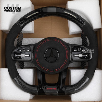 Mercedes Custom AMG Flat Bottom Steering Wheel – Alcantara & Carbon Fibre, Red Stitching, LED Display, Black Trim, Touch Buttons, AMG Badge | Fits C-Class, E-Class, CLS, GLC, GLE, G-Class + more | Plug & Play | Retrofit Upgrade for Older Model available