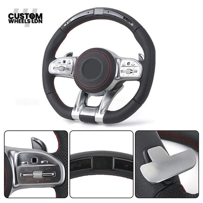 Mercedes Custom AMG Flat Bottom LED Steering Wheel – Black Leather, Perforated Sides, Red Stitching, Classic Buttons & Silver Paddles | AMG Trim | Fits W205, W213, GLC, GLE, CLS + more | Plug & Play | With Airbag | Retrofit possible for Older Models