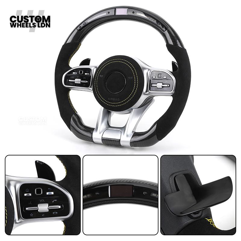 Mercedes Custom AMG Flat Bottom Steering Wheel – Alcantara & Carbon Fibre, Yellow Stitching, LED Display, Silver Trim, Touch Control Buttons, AMG Badge | Fits C-Class, E-Class, CLS, GLC, GLE, G-Class + more | Plug & Play | Retrofit Upgrade for Older Model