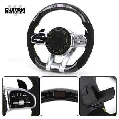Mercedes Custom AMG Flat Bottom Steering Wheel – Alcantara & Carbon Fibre, Yellow Stitching, LED Display, Silver Trim, Touch Control Buttons, AMG Badge | Fits C-Class, E-Class, CLS, GLC, GLE, G-Class + more | Plug & Play | Retrofit Upgrade for Older Model