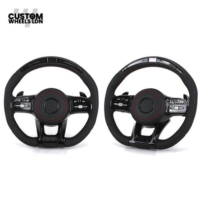 Mercedes Custom AMG LED Steering Wheel – Black AMG Trim, Red Stitching, Black Controls, Flat Bottom, Perforated Leather | AMG Badge | Plug & Play | Complete Wheel with Airbag | Retrofit Upgrade for Older Models Available | Fits W205, W213, GLC, CLS + More