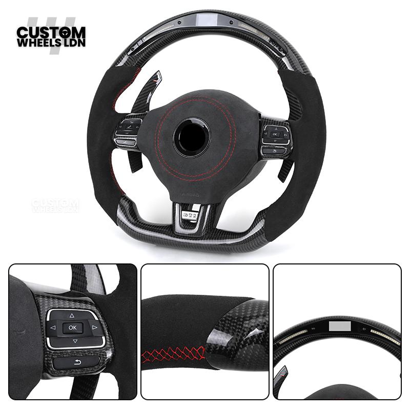 Volkswagen MK6 Custom Steering Wheel – LED Display | Alcantara & Carbon Fibre | Red Stitching | Paddle Shifters | Complete Steering Wheel | Plug & Play | Fits Golf GTI / R + more