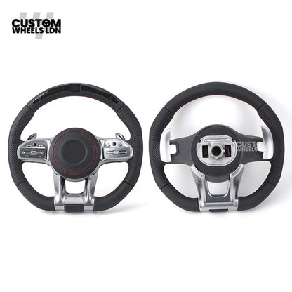 Mercedes Custom AMG Flat Bottom LED Steering Wheel – Black Leather, Perforated Sides, Red Stitching, Classic Buttons & Silver Paddles | AMG Trim | Fits W205, W213, GLC, GLE, CLS + more | Plug & Play | With Airbag | Retrofit possible for Older Models