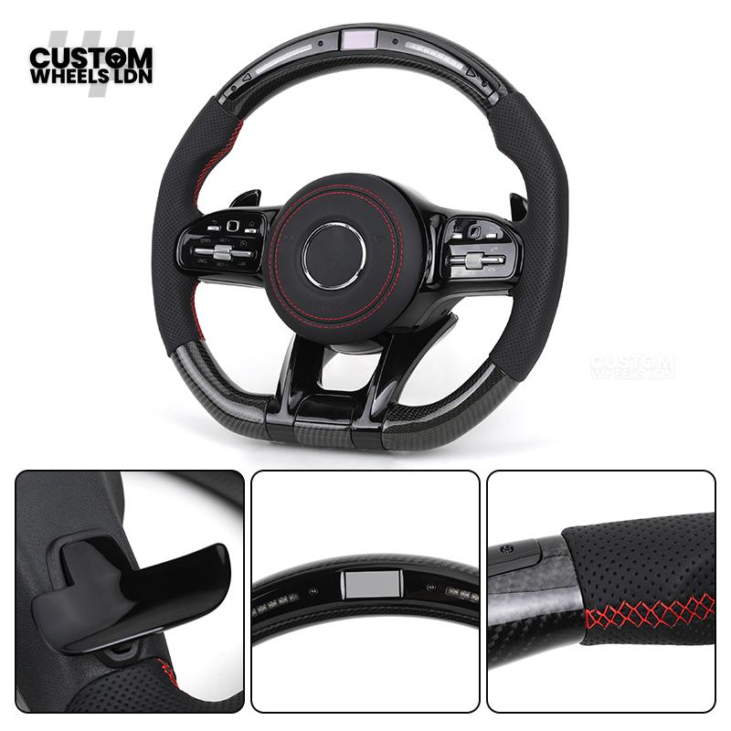 Mercedes Custom AMG Flat Bottom Steering Wheel – Perforated Leather & Gloss Carbon Fibre, LED Display, Red Stitching, Piano Black Trim, Touch Control Buttons, AMG Badge | Fits C-Class, E-Class, CLS, GLC, GLE, G-Class + more | Plug & Play | Retrofit Upgrad