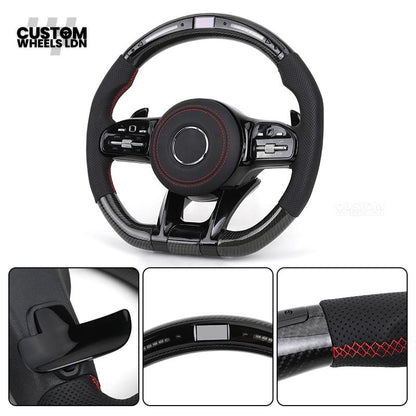 Mercedes Custom AMG Flat Bottom Steering Wheel – Perforated Leather & Gloss Carbon Fibre, LED Display, Red Stitching, Piano Black Trim, Touch Control Buttons, AMG Badge | Fits C-Class, E-Class, CLS, GLC, GLE, G-Class + more | Plug & Play | Retrofit Upgrad