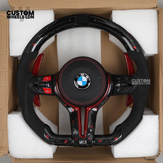 BMW Custom Forged Carbon Steering Wheel with Red Flake, LED Display & Red Paddles | Plug & Play | Complete Wheel | Fits F20 F21 F22 F23 F30 F31 F32 F33 F36 F80 F87 E82 E88 E90 E92 E93 + More