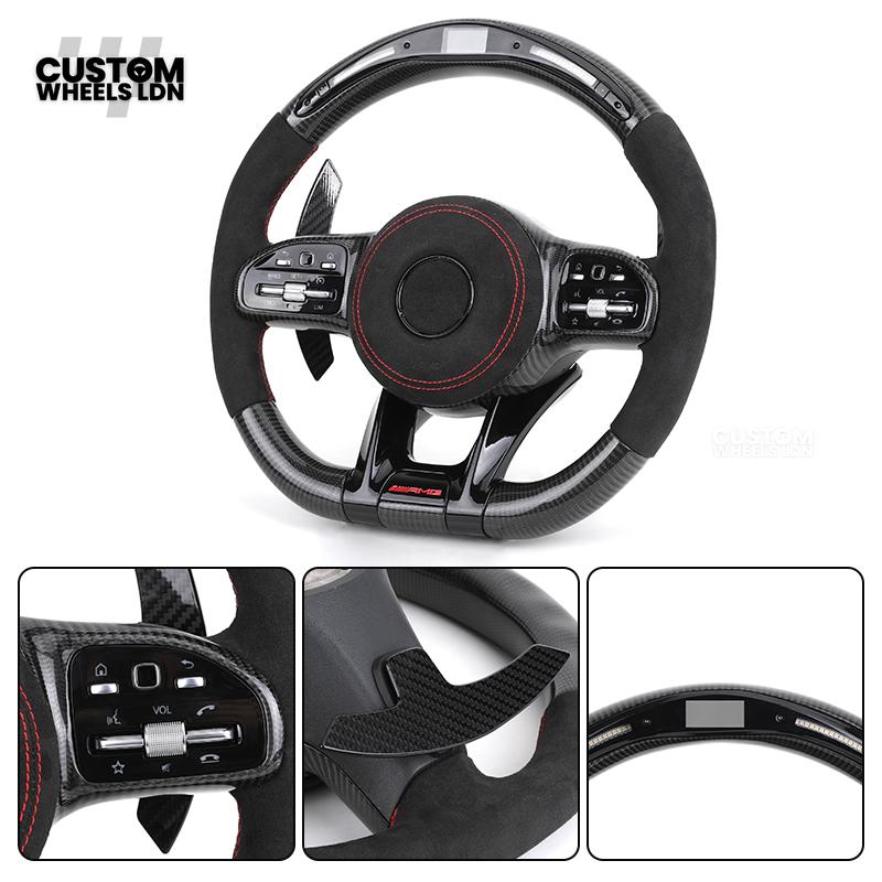 Mercedes Custom AMG Flat Bottom Steering Wheel – Alcantara & Carbon Fibre, Red Stitching, LED Display, Black Trim, Touch Buttons, AMG Badge | Fits C-Class, E-Class, CLS, GLC, GLE, G-Class + more | Plug & Play | Retrofit Upgrade for Older Model available