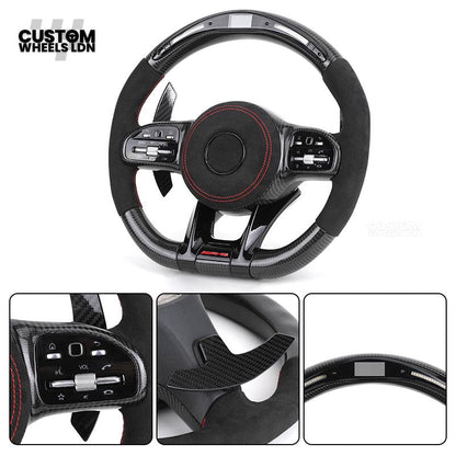 Mercedes Custom AMG Flat Bottom Steering Wheel – Alcantara & Carbon Fibre, Red Stitching, LED Display, Black Trim, Touch Buttons, AMG Badge | Fits C-Class, E-Class, CLS, GLC, GLE, G-Class + more | Plug & Play | Retrofit Upgrade for Older Model available