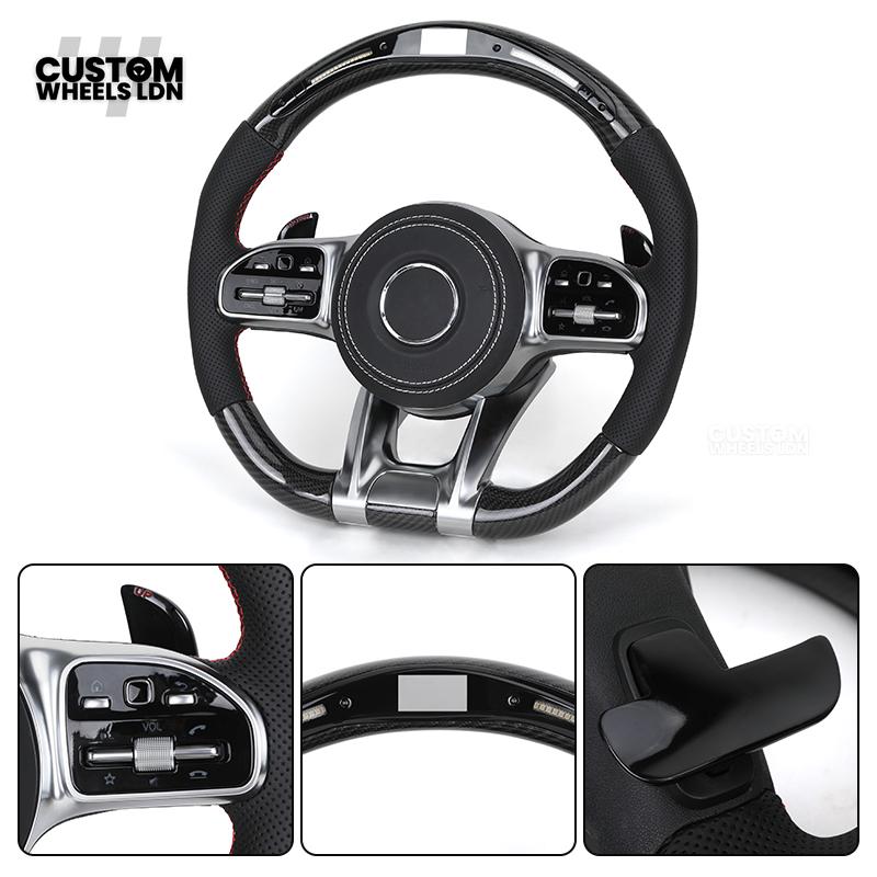 Mercedes Custom AMG Flat Bottom Steering Wheel – Perforated Leather & Carbon Fibre, LED Display, White Stitching, Brushed Silver Trim, Touch Control Buttons, AMG Badge | Fits C-Class, E-Class, CLS, GLC, GLE, G-Class + more | Plug & Play | Retrofit Upgrade