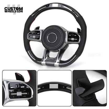 Mercedes Custom AMG Flat Bottom Steering Wheel – Perforated Leather & Carbon Fibre, LED Display, White Stitching, Brushed Silver Trim, Touch Control Buttons, AMG Badge | Fits C-Class, E-Class, CLS, GLC, GLE, G-Class + more | Plug & Play | Retrofit Upgrade