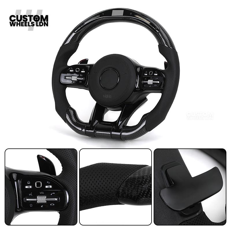 Mercedes Custom AMG Flat Bottom Steering Wheel – Perforated Leather & Gloss Carbon Fibre, LED Display, Piano Black Trim, Touch Control Buttons | Fits C-Class, E-Class, CLS, GLC, GLE, G-Class + more | Plug & Play | Retrofit Upgrade for Older Models