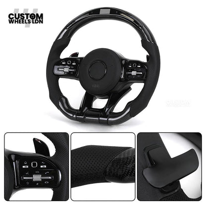 Mercedes Custom AMG Flat Bottom Steering Wheel – Perforated Leather & Gloss Carbon Fibre, LED Display, Piano Black Trim, Touch Control Buttons | Fits C-Class, E-Class, CLS, GLC, GLE, G-Class + more | Plug & Play | Retrofit Upgrade for Older Models