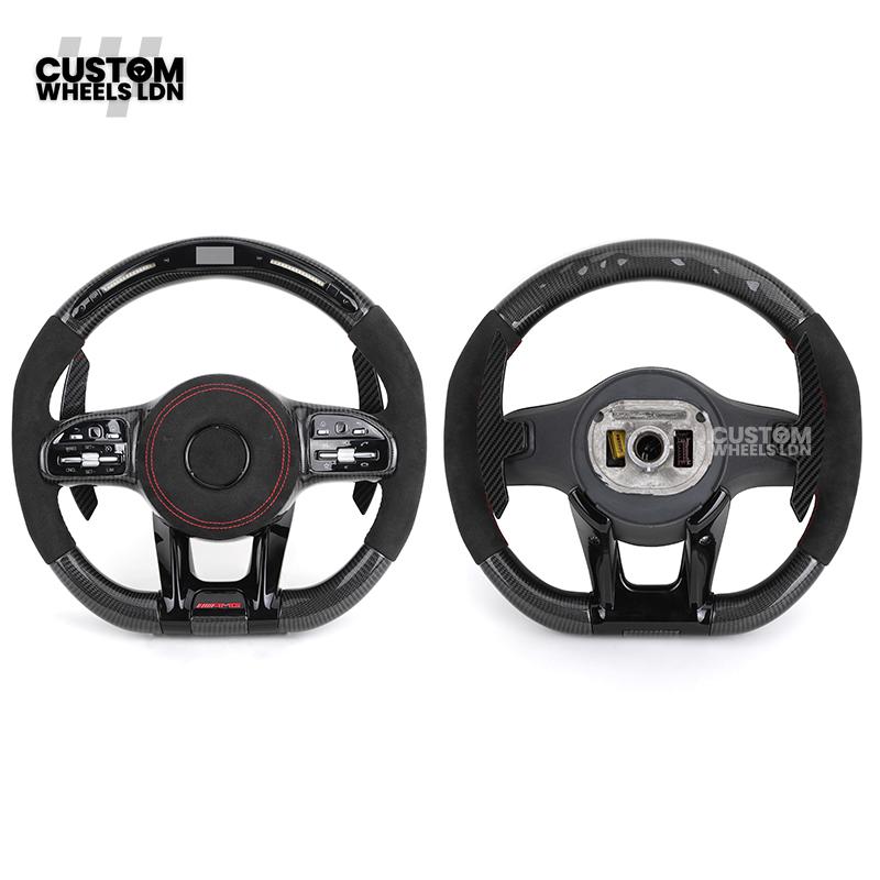 Mercedes Custom AMG Flat Bottom Steering Wheel – Alcantara & Carbon Fibre, Red Stitching, LED Display, Black Trim, Touch Buttons, AMG Badge | Fits C-Class, E-Class, CLS, GLC, GLE, G-Class + more | Plug & Play | Retrofit Upgrade for Older Model available