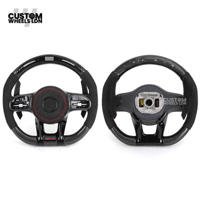 Mercedes Custom AMG Flat Bottom Steering Wheel – Alcantara & Carbon Fibre, Red Stitching, LED Display, Black Trim, Touch Buttons, AMG Badge | Fits C-Class, E-Class, CLS, GLC, GLE, G-Class + more | Plug & Play | Retrofit Upgrade for Older Model available