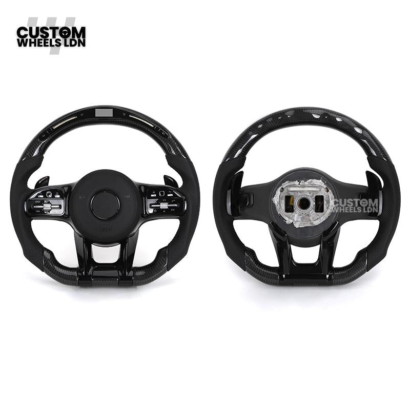 Mercedes Custom AMG Flat Bottom Steering Wheel – Perforated Leather & Gloss Carbon Fibre, LED Display, Piano Black Trim, Touch Control Buttons | Fits C-Class, E-Class, CLS, GLC, GLE, G-Class + more | Plug & Play | Retrofit Upgrade for Older Models