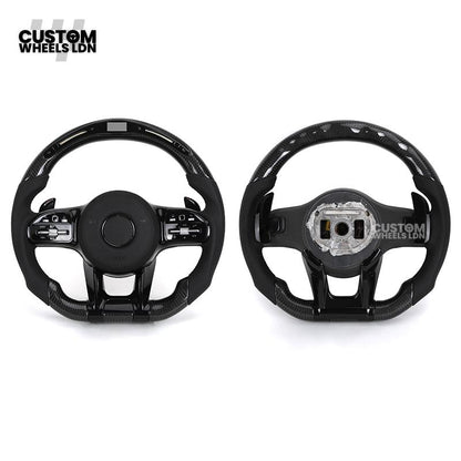 Mercedes Custom AMG Flat Bottom Steering Wheel – Perforated Leather & Gloss Carbon Fibre, LED Display, Piano Black Trim, Touch Control Buttons | Fits C-Class, E-Class, CLS, GLC, GLE, G-Class + more | Plug & Play | Retrofit Upgrade for Older Models