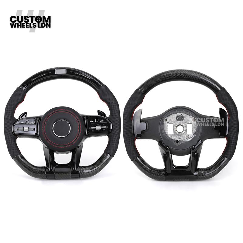 Mercedes Custom AMG Flat Bottom Steering Wheel – Perforated Leather & Gloss Carbon Fibre, LED Display, Red Stitching, Piano Black Trim, Touch Control Buttons, AMG Badge | Fits C-Class, E-Class, CLS, GLC, GLE, G-Class + more | Plug & Play | Retrofit Upgrad