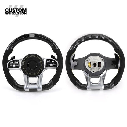 Mercedes Custom AMG Flat Bottom Steering Wheel – Alcantara & Carbon Fibre, Yellow Stitching, LED Display, Silver Trim, Touch Control Buttons, AMG Badge | Fits C-Class, E-Class, CLS, GLC, GLE, G-Class + more | Plug & Play | Retrofit Upgrade for Older Model