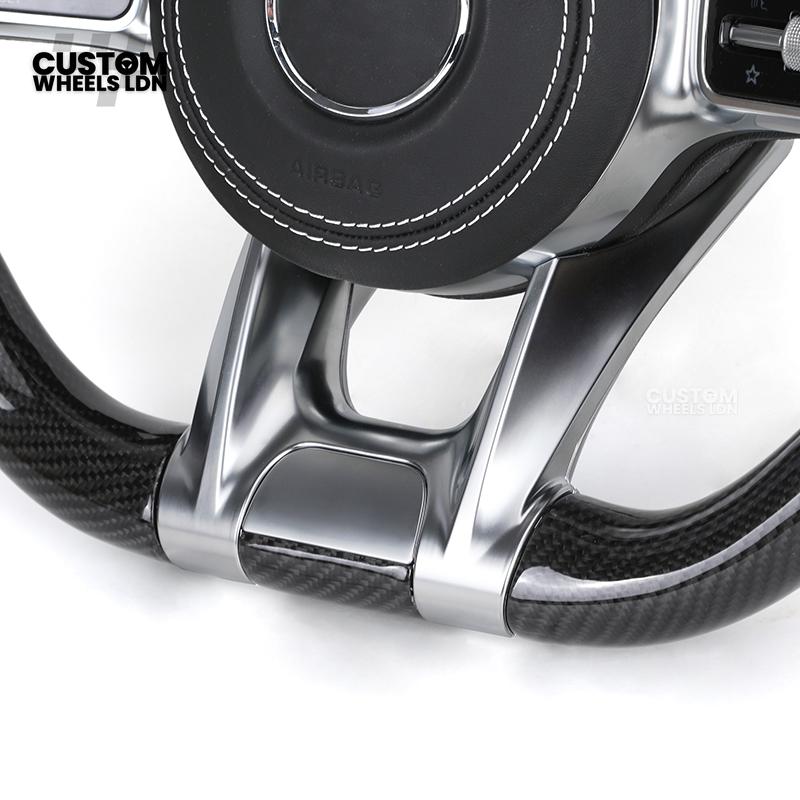 Mercedes Custom AMG Flat Bottom Steering Wheel – Perforated Leather & Carbon Fibre, LED Display, White Stitching, Brushed Silver Trim, Touch Control Buttons, AMG Badge | Fits C-Class, E-Class, CLS, GLC, GLE, G-Class + more | Plug & Play | Retrofit Upgrade