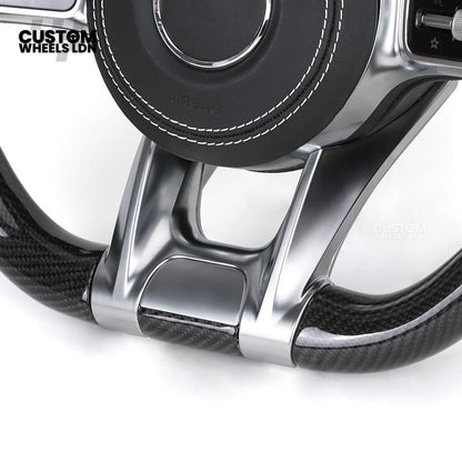 Mercedes Custom AMG Flat Bottom Steering Wheel – Perforated Leather & Carbon Fibre, LED Display, White Stitching, Brushed Silver Trim, Touch Control Buttons, AMG Badge | Fits C-Class, E-Class, CLS, GLC, GLE, G-Class + more | Plug & Play | Retrofit Upgrade