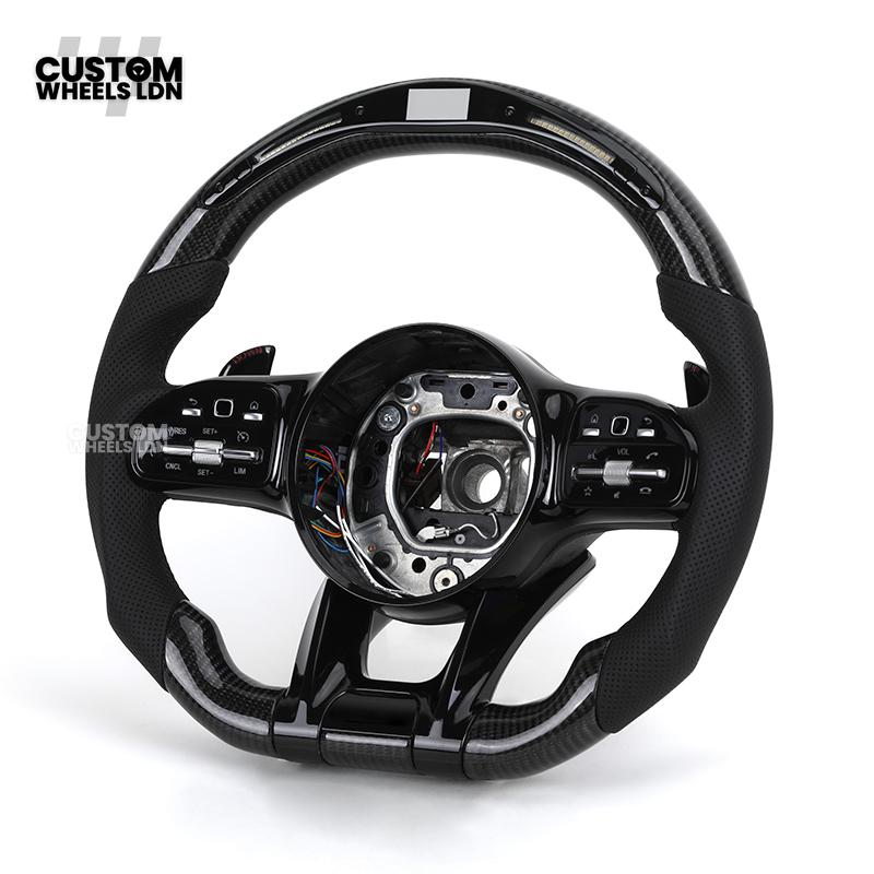 Mercedes Custom AMG Flat Bottom Steering Wheel – Perforated Leather & Gloss Carbon Fibre, LED Display, Piano Black Trim, Touch Control Buttons | Fits C-Class, E-Class, CLS, GLC, GLE, G-Class + more | Plug & Play | Retrofit Upgrade for Older Models