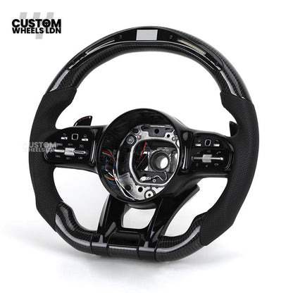 Mercedes Custom AMG Flat Bottom Steering Wheel – Perforated Leather & Gloss Carbon Fibre, LED Display, Piano Black Trim, Touch Control Buttons | Fits C-Class, E-Class, CLS, GLC, GLE, G-Class + more | Plug & Play | Retrofit Upgrade for Older Models