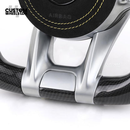 Mercedes Custom AMG Flat Bottom Steering Wheel – Alcantara & Carbon Fibre, Yellow Stitching, LED Display, Silver Trim, Touch Control Buttons, AMG Badge | Fits C-Class, E-Class, CLS, GLC, GLE, G-Class + more | Plug & Play | Retrofit Upgrade for Older Model