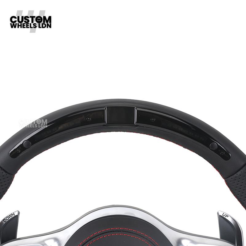 Mercedes Custom AMG Flat Bottom LED Steering Wheel – Black Leather, Perforated Sides, Red Stitching, Classic Buttons & Silver Paddles | AMG Trim | Fits W205, W213, GLC, GLE, CLS + more | Plug & Play | With Airbag | Retrofit possible for Older Models