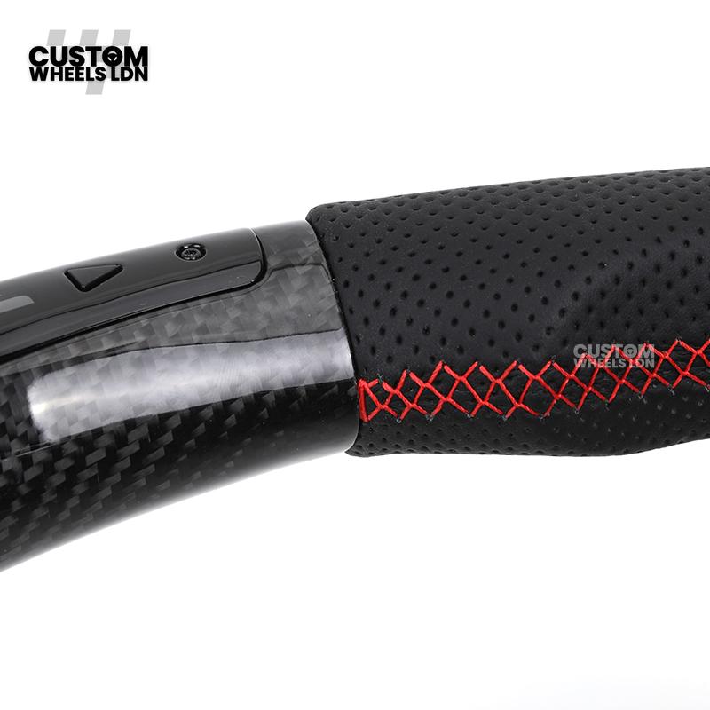Mercedes Custom AMG Flat Bottom Steering Wheel – Perforated Leather & Gloss Carbon Fibre, LED Display, Red Stitching, Piano Black Trim, Touch Control Buttons, AMG Badge | Fits C-Class, E-Class, CLS, GLC, GLE, G-Class + more | Plug & Play | Retrofit Upgrad