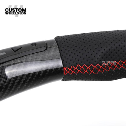 Mercedes Custom AMG Flat Bottom Steering Wheel – Perforated Leather & Gloss Carbon Fibre, LED Display, Red Stitching, Piano Black Trim, Touch Control Buttons, AMG Badge | Fits C-Class, E-Class, CLS, GLC, GLE, G-Class + more | Plug & Play | Retrofit Upgrad