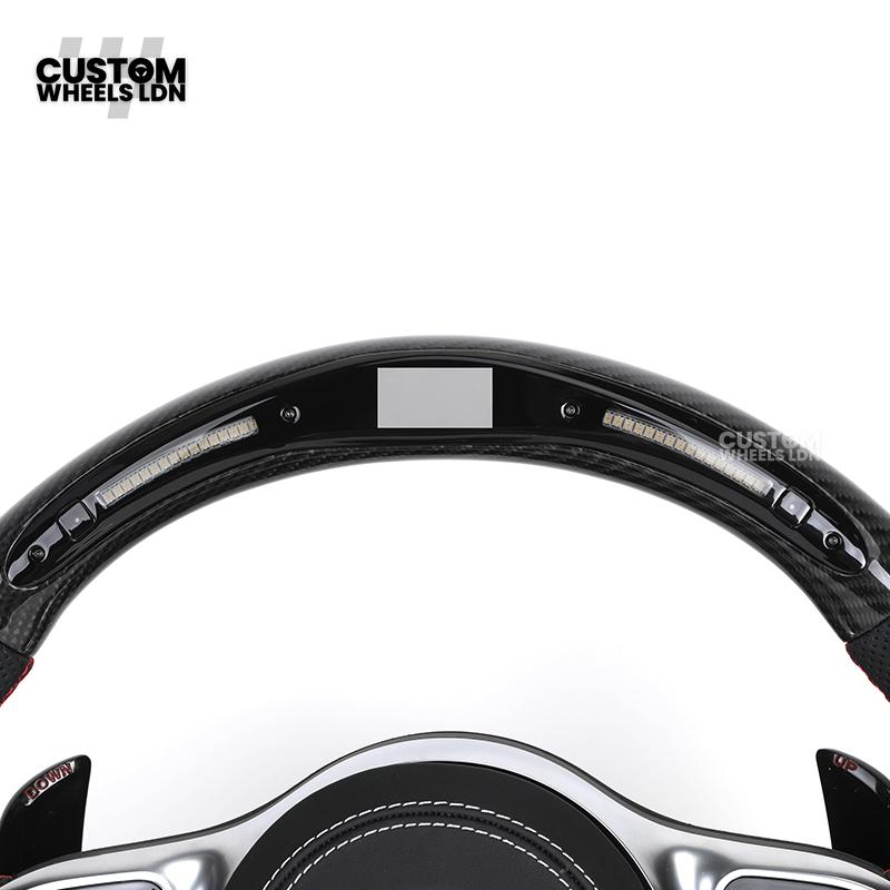 Mercedes Custom AMG Flat Bottom Steering Wheel – Perforated Leather & Carbon Fibre, LED Display, White Stitching, Brushed Silver Trim, Touch Control Buttons, AMG Badge | Fits C-Class, E-Class, CLS, GLC, GLE, G-Class + more | Plug & Play | Retrofit Upgrade