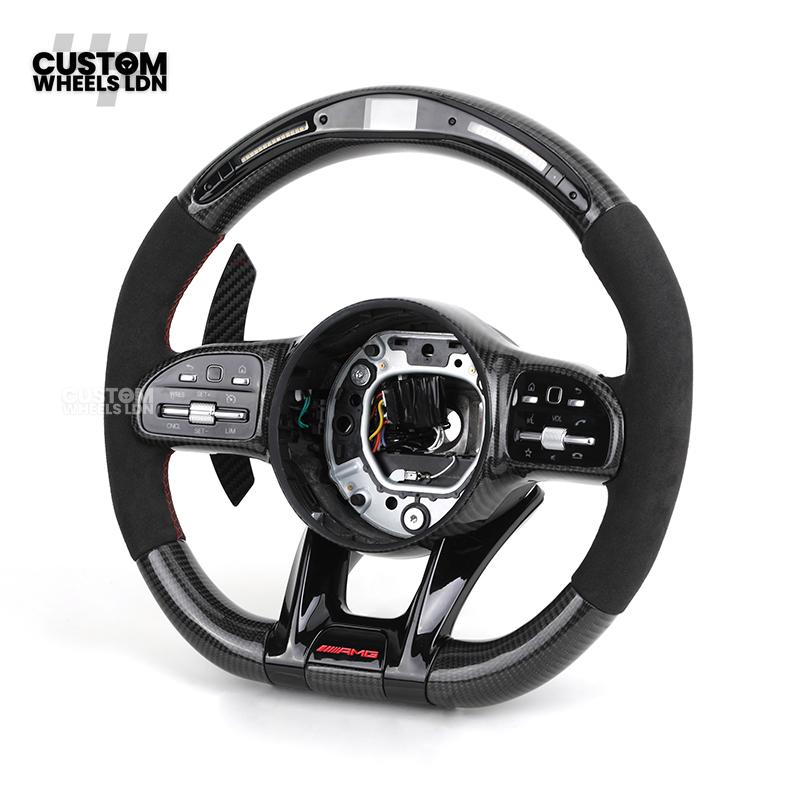 Mercedes Custom AMG Flat Bottom Steering Wheel – Alcantara & Carbon Fibre, Red Stitching, LED Display, Black Trim, Touch Buttons, AMG Badge | Fits C-Class, E-Class, CLS, GLC, GLE, G-Class + more | Plug & Play | Retrofit Upgrade for Older Model available