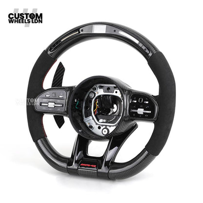 Mercedes Custom AMG Flat Bottom Steering Wheel – Alcantara & Carbon Fibre, Red Stitching, LED Display, Black Trim, Touch Buttons, AMG Badge | Fits C-Class, E-Class, CLS, GLC, GLE, G-Class + more | Plug & Play | Retrofit Upgrade for Older Model available