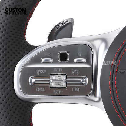 Mercedes Custom AMG Flat Bottom LED Steering Wheel – Black Leather, Perforated Sides, Red Stitching, Classic Buttons & Silver Paddles | AMG Trim | Fits W205, W213, GLC, GLE, CLS + more | Plug & Play | With Airbag | Retrofit possible for Older Models