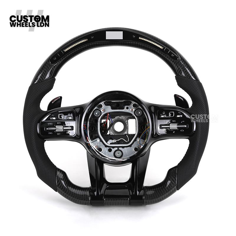 Mercedes Custom AMG Flat Bottom Steering Wheel – Perforated Leather & Gloss Carbon Fibre, LED Display, Piano Black Trim, Touch Control Buttons | Fits C-Class, E-Class, CLS, GLC, GLE, G-Class + more | Plug & Play | Retrofit Upgrade for Older Models