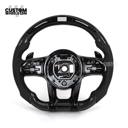 Mercedes Custom AMG Flat Bottom Steering Wheel – Perforated Leather & Gloss Carbon Fibre, LED Display, Piano Black Trim, Touch Control Buttons | Fits C-Class, E-Class, CLS, GLC, GLE, G-Class + more | Plug & Play | Retrofit Upgrade for Older Models
