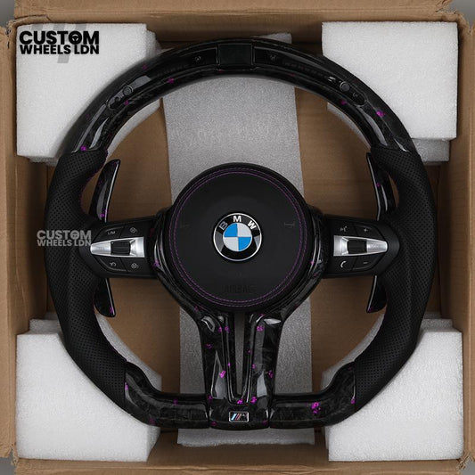 BMW Custom Purple Forged Carbon LED Steering Wheel | Perforated Leather Grip | Purple Stitching | Plug & Play | Fits F20 F22 F30 F32 F36 F80 F87 E90 E92 E93 + more