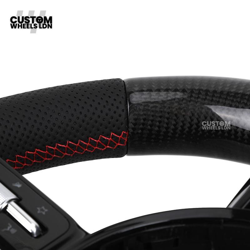 Mercedes Custom AMG Flat Bottom Steering Wheel – Perforated Leather & Gloss Carbon Fibre, LED Display, Red Stitching, Piano Black Trim, Carbon Paddles, Touch Control Buttons | Fits C-Class, E-Class, GLC, GLE, CLS, G-Class + more | Plug & Play | Retrofit U
