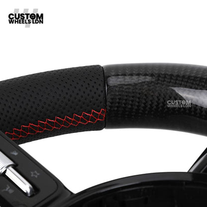 Mercedes Custom AMG Flat Bottom Steering Wheel – Perforated Leather & Gloss Carbon Fibre, LED Display, Red Stitching, Piano Black Trim, Carbon Paddles, Touch Control Buttons | Fits C-Class, E-Class, GLC, GLE, CLS, G-Class + more | Plug & Play | Retrofit U