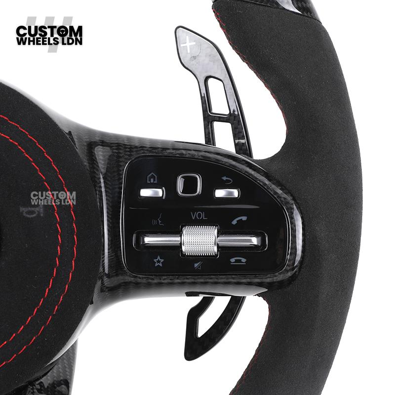 Mercedes Custom AMG Flat Bottom Steering Wheel – Alcantara & Carbon Fibre, Red Stitching, LED Display, Touch Control Buttons, AMG Badge | Fits C-Class, E-Class, CLS, GLC, GLE, G-Class + more | Plug & Play | Retrofit Upgrade for Older Models Available