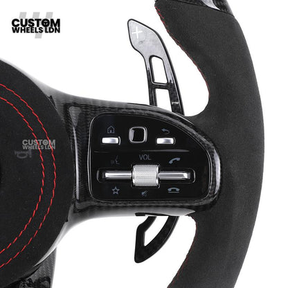 Mercedes Custom AMG Flat Bottom Steering Wheel – Alcantara & Carbon Fibre, Red Stitching, LED Display, Touch Control Buttons, AMG Badge | Fits C-Class, E-Class, CLS, GLC, GLE, G-Class + more | Plug & Play | Retrofit Upgrade for Older Models Available